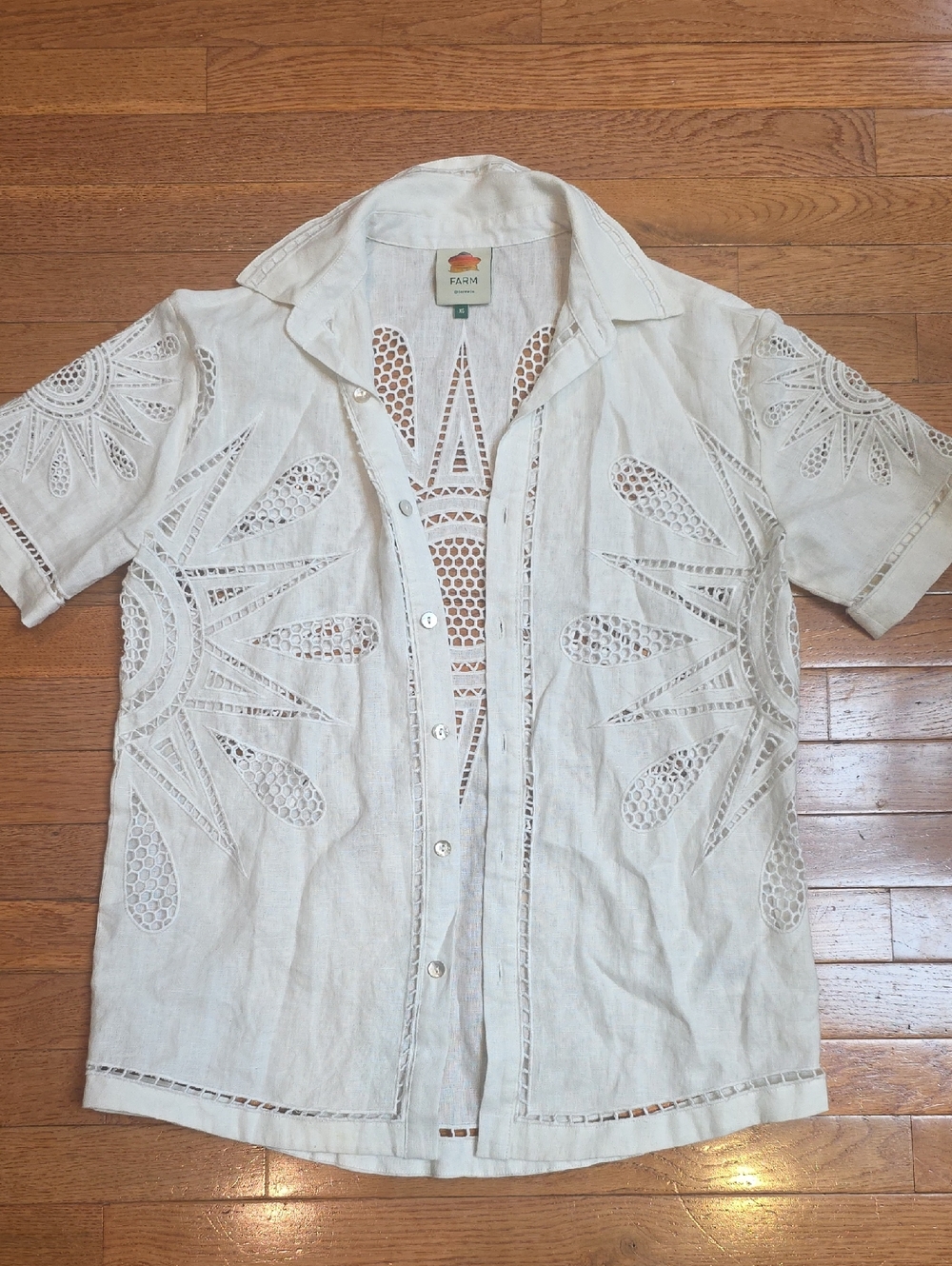 FARM Rio Maxi Sunset Richelieu Regular Fit Embroidered Linen Shirt, Size XS - Picture 4 of 9